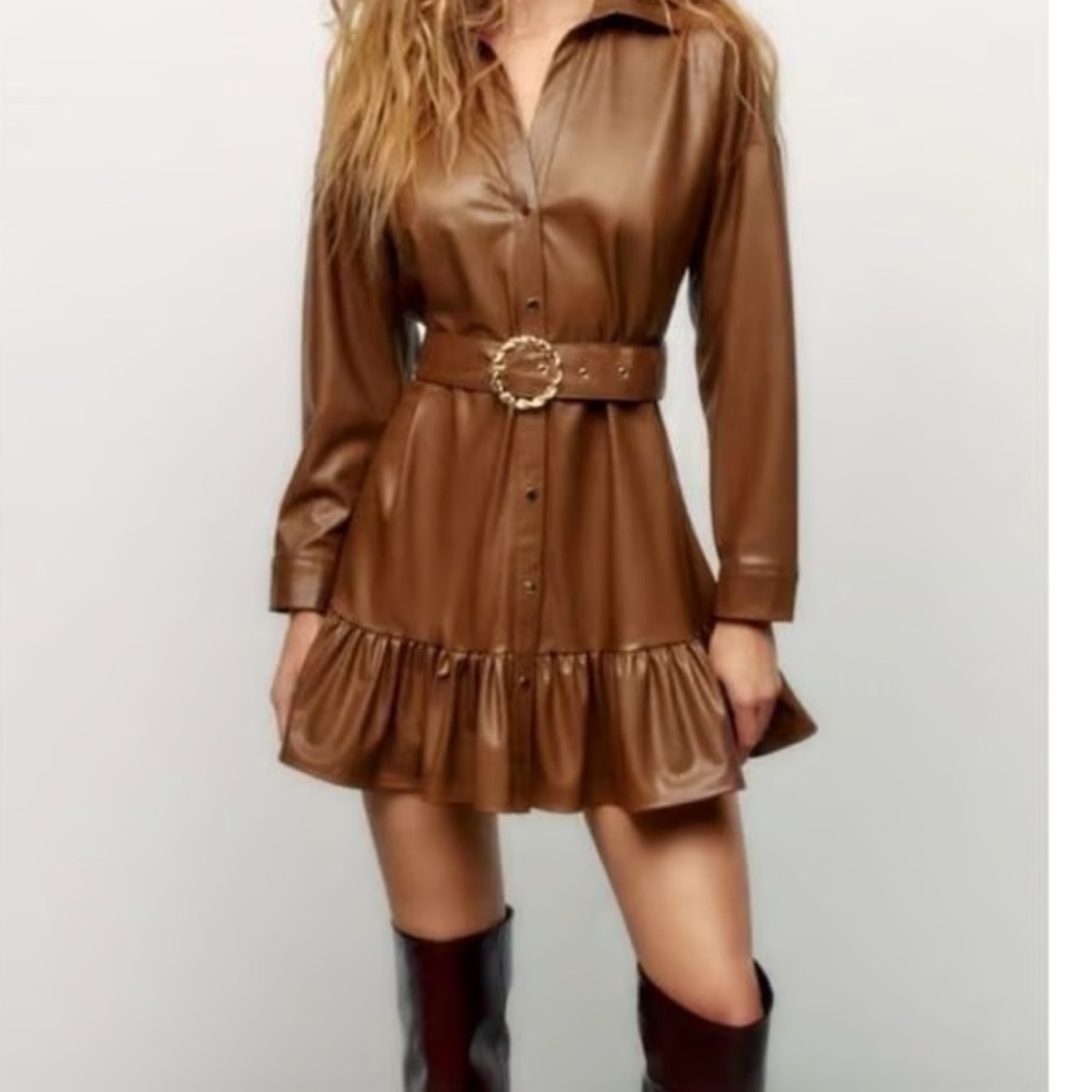 ZARA Women | Brown | FAUX LEATHER SHIRT DRESS
